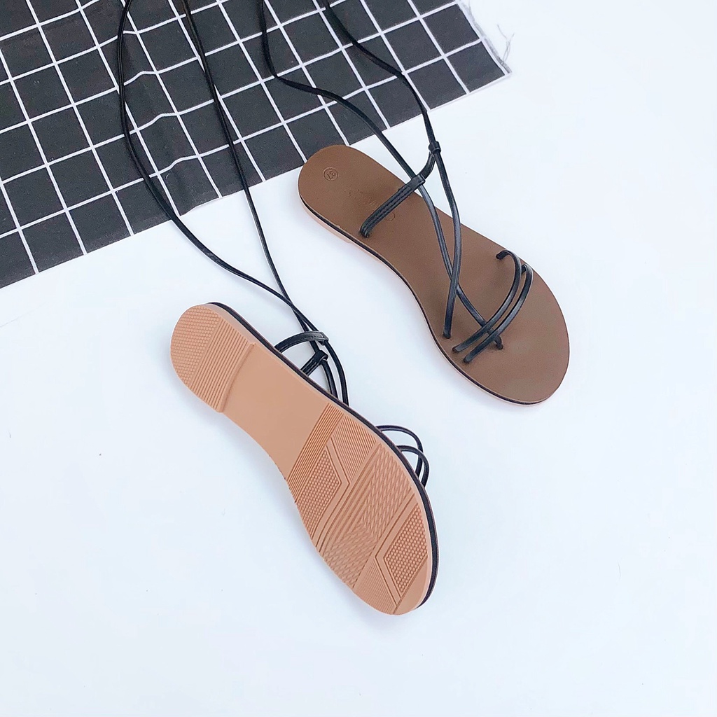 [Siêu rẻ] Giày sandal nữ đế bằng xỏ ngón quai mảnh hậu cột dây đi học đi làm cực êm - Kimmiso SX01