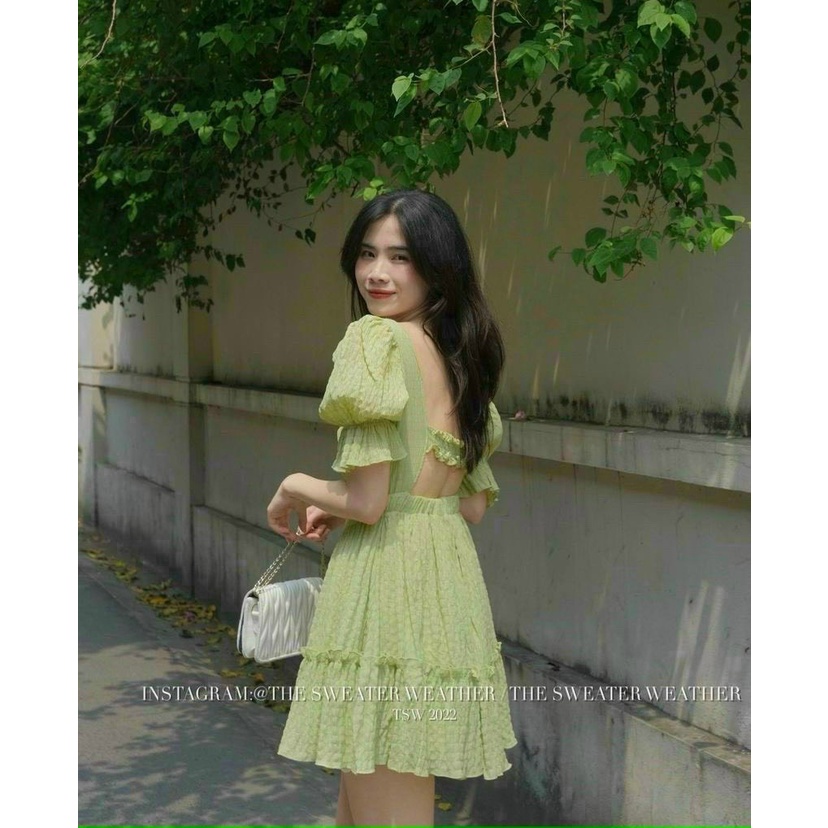 Đầm thời trang nữ mặc đi chơi, Đầm xốp chỉ có lót có mút ngực tay búp lỡ chân váy xoè có tầng ngắn