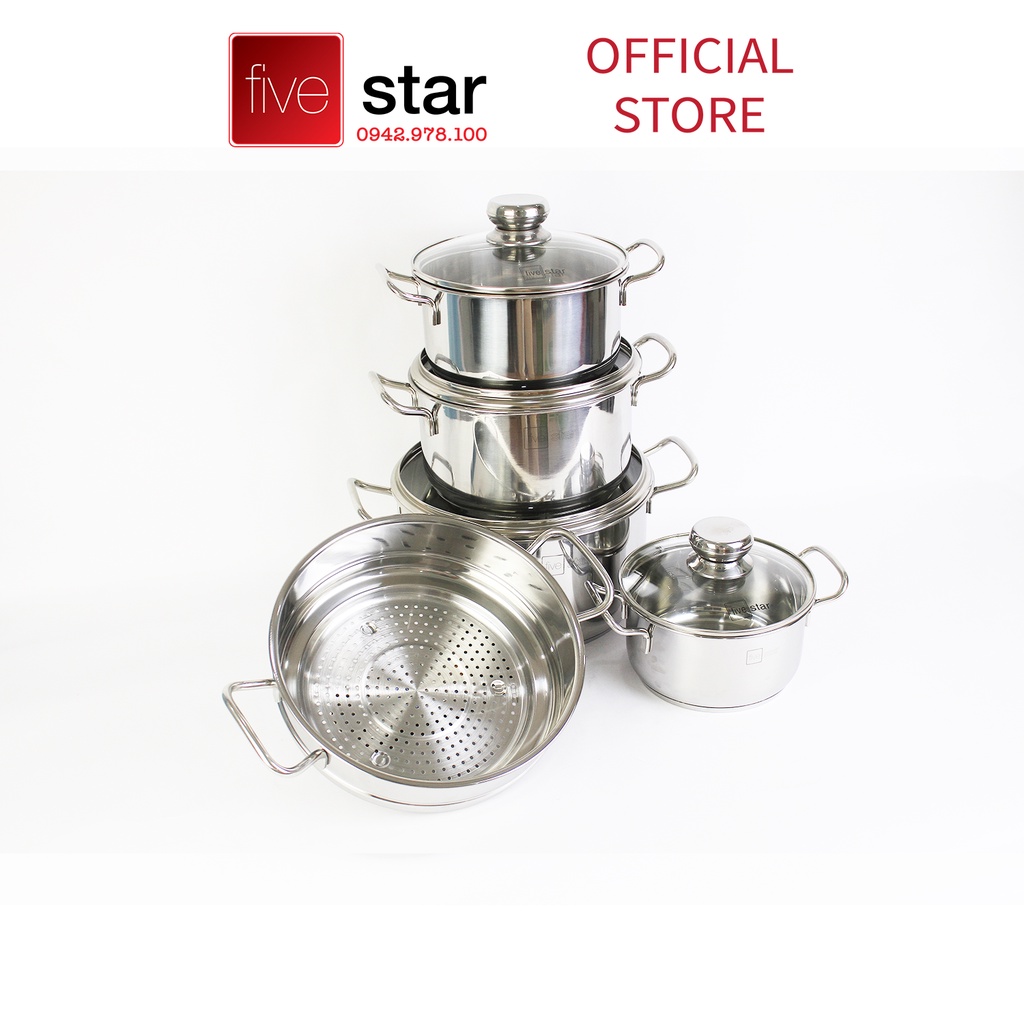 Bộ nồi xửng chảo 3 đáy inox 430 FiveStar Standard 6 món bếp từ nắp kính , tặng 2 vá canh