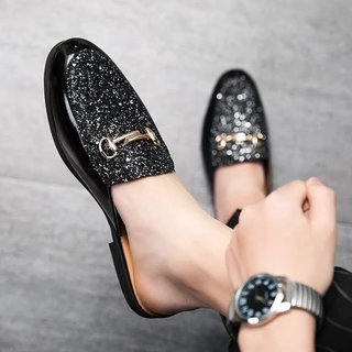 Giày sục nam đính đá 💎 khuyên vàng siêu lấp lánh, chất liệu da bóng