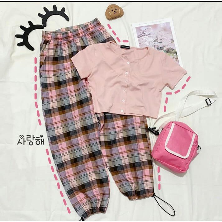 Quần caro ống dây rút vàng hồng jogger pant unisex