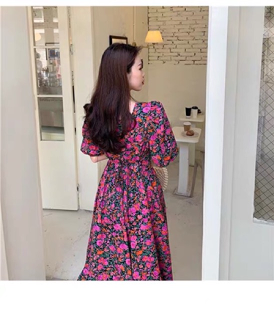Váy đầm hoa nhí màu tím dáng xoè dài cổ vuông tay phồng thắt dây eo sang chảnh vintage đi tiệc du lịch