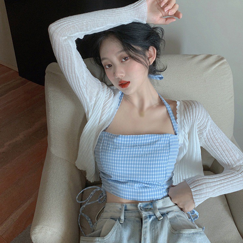 Áo Lửng Hai Dây Họa Tiết Ca Rô Quyến Rũ Dành Cho Nữ