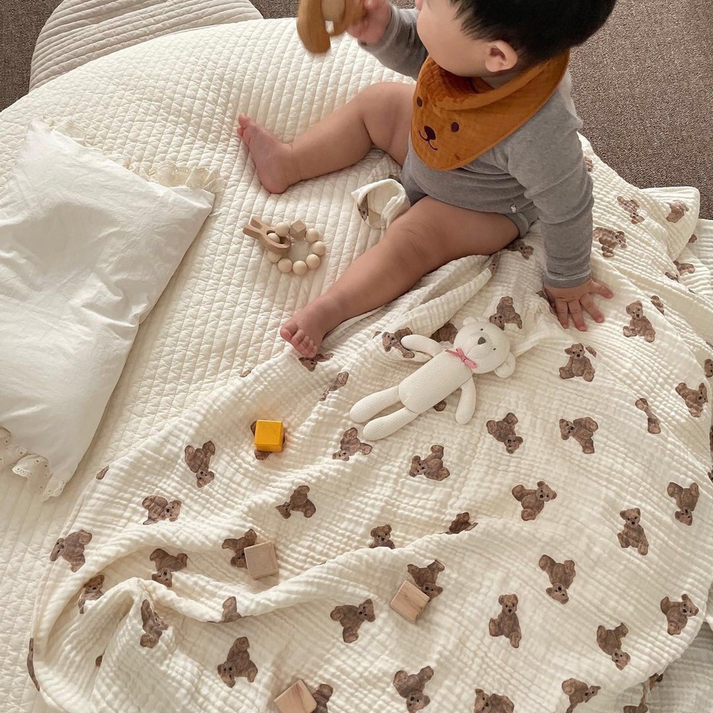 Chăn Đôi Mỏng In Họa Tiết Gấu Kiểu Hàn Quốc Dùng Làm Đạo Cụ Chụp Ảnh Cho Bé