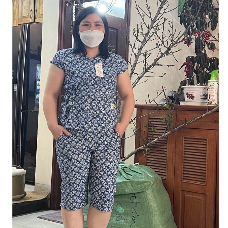 Bộ lanh ngố nữ cánh tiên, Bộ lanh quần lửng hoa nhí cổ bèo lên dáng chất mát