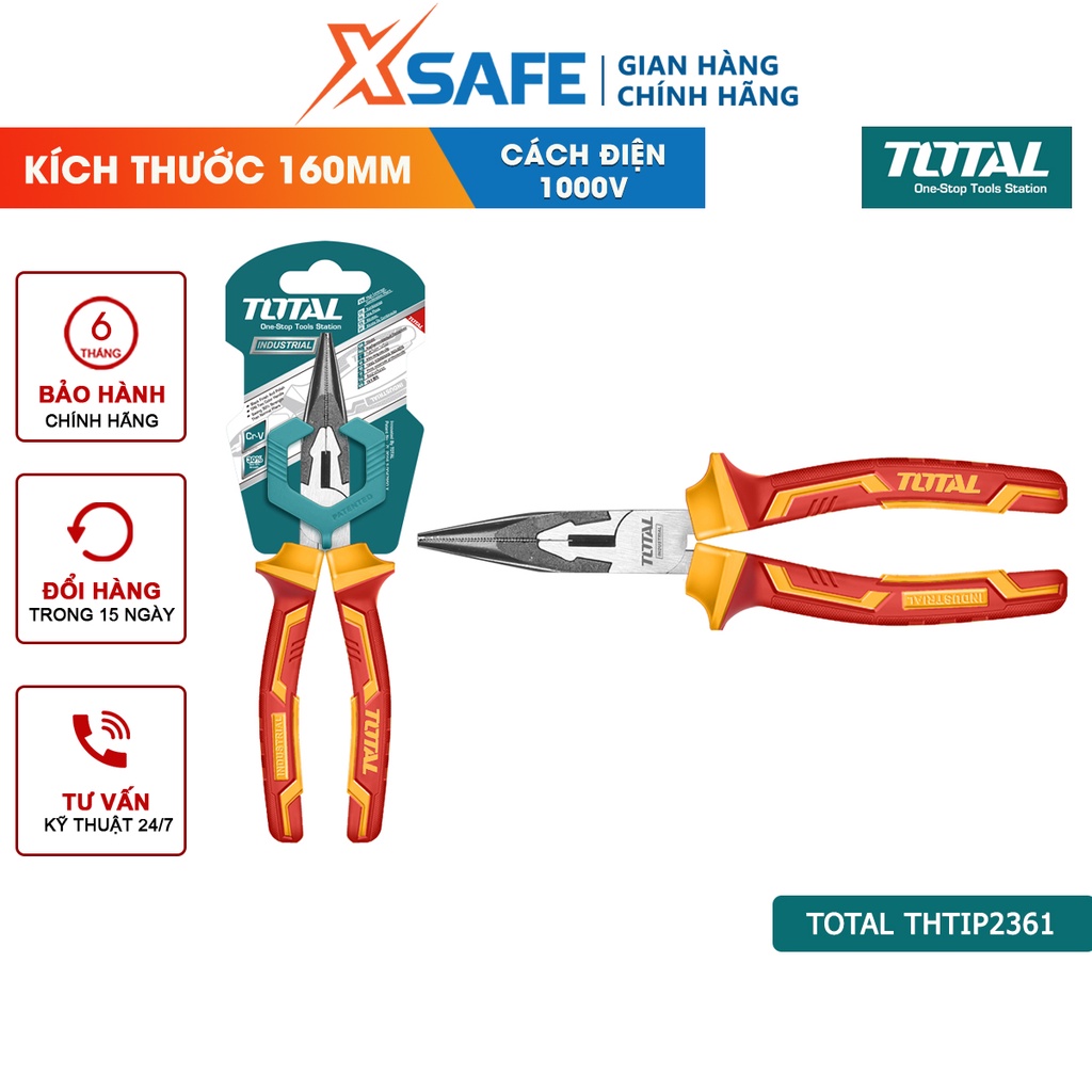 Kìm mũi nhọn mỏ dài TOTAL THTIP2361 cách điện 1000V, kích thước 6&quot;(160mm), đầu kềm mạ đen đánh bóng - chính hãng