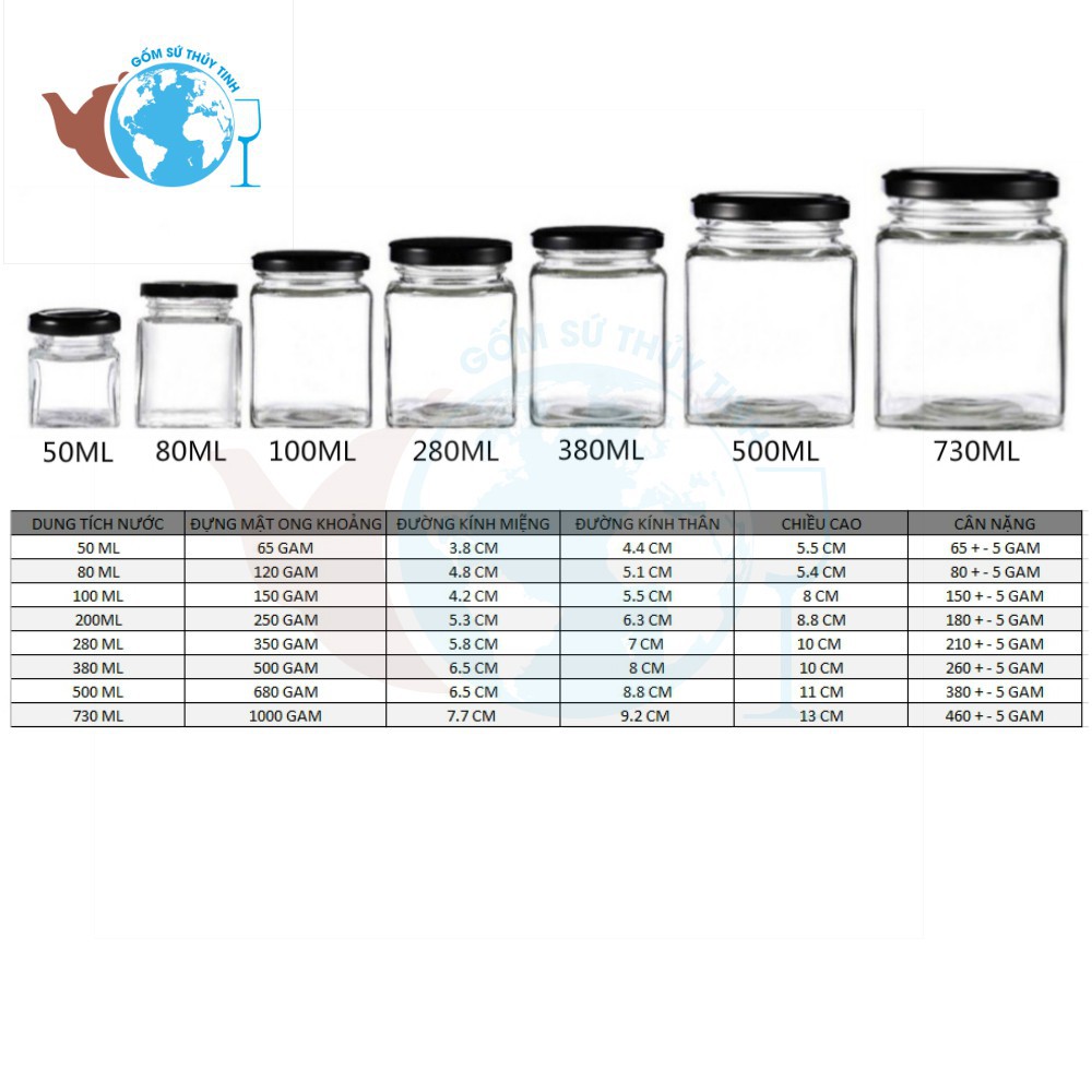 Lọ thủy tinh/ Hũ thủy tinh vuông 380ML Đựng Thực Phẩm