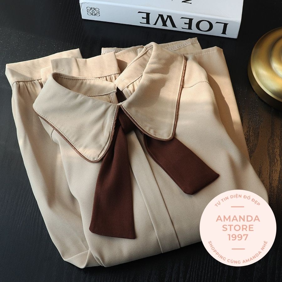 {Amanda}Set áo sơ mi dài tay kèm yếm nâu cổ sen buộc nơ thời trang chất dày dặn. Có thể tách rời 2 sản phẩm