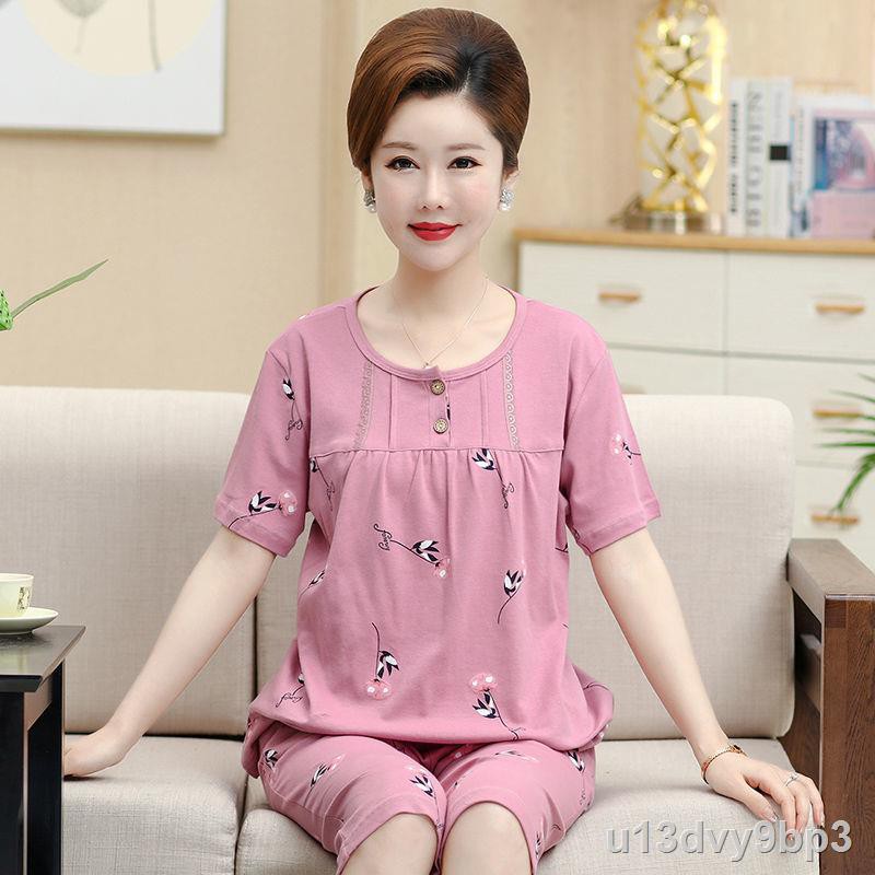 Pyjama cho phụ nữ trung niên và cao tuổi, cotton ngắn tay, size lớn, kiểu mỏng, bộ đồ phục vụ ở nhà người niên, mẹ