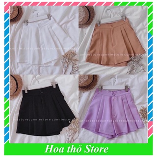 Quần đùi nữ lưng chun sau khuy cài khóa thật kéo xếp 2 ly dáng quần short giả váy nữ bigsize vải đũi