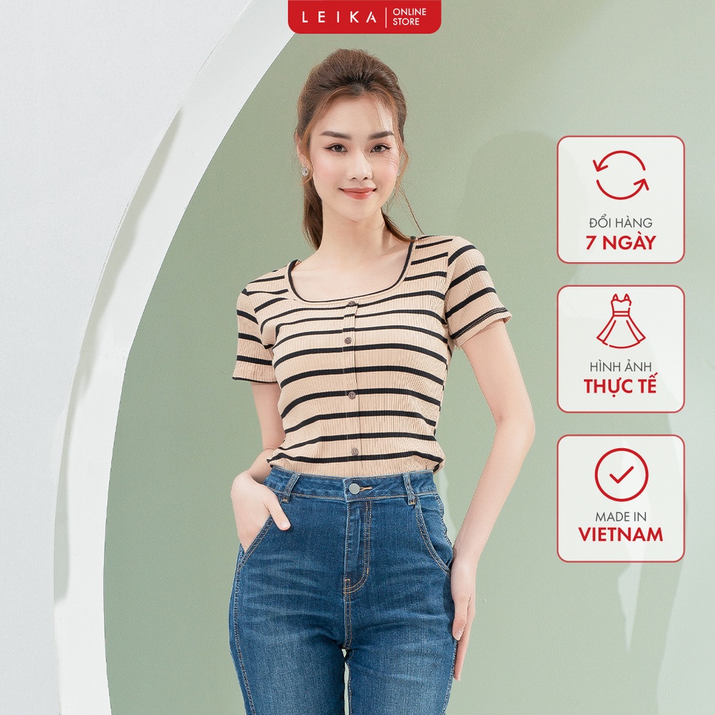 Áo thun cộc tay cổ vuông free size, họa tiết kẻ hàng cúc nữ LEIKA