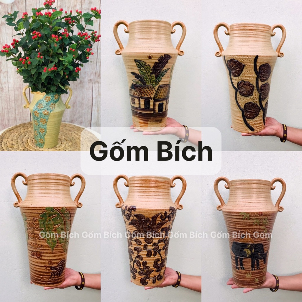 Bình Hoa Gốm Khắc Tay Men Thuần Mộc Gốm Sứ Bát Tràng Lọ Hoa Đẹp - Gốm Bích