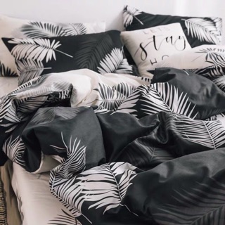 Bộ Drap & Chăn Phao Cotton Poly Lá Me Đen