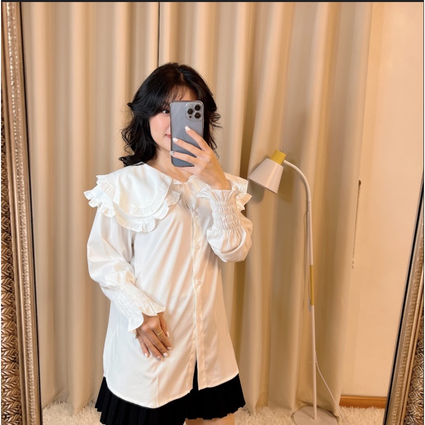 Áo sơ mi cổ bèo tay phồng tiểu thư tay bo chun