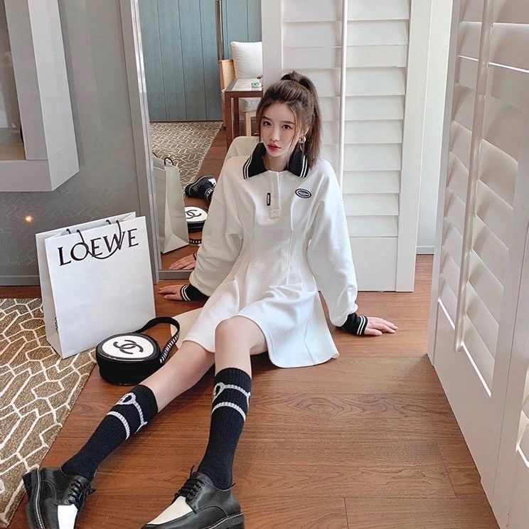 Đầm tay dài cổ POLO màu trơn thời trang mùa thu mới 2021 cho nữ