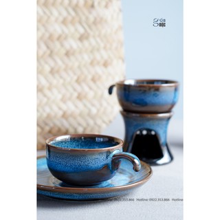 Bộ tách đế hâm nóng cafe men xanh đá, gốm Bát Tràng