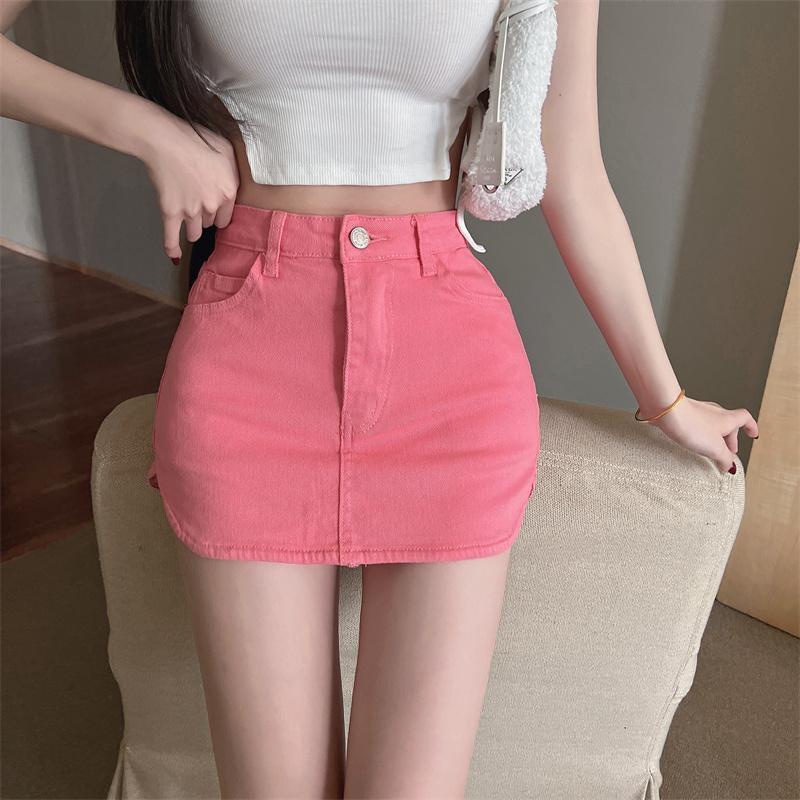 jiashucheng Chân Váy Denim Ngắn Lưng Cao Dáng Ôm Màu Hồng Thời Trang Mùa Hè Dành Cho Bạn Nữ Hot