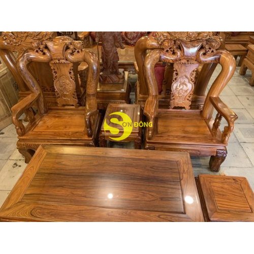 Bộ bàn ghế gỗ hương đào vân tuyển tựa liền 6 món tay 12 BBG265