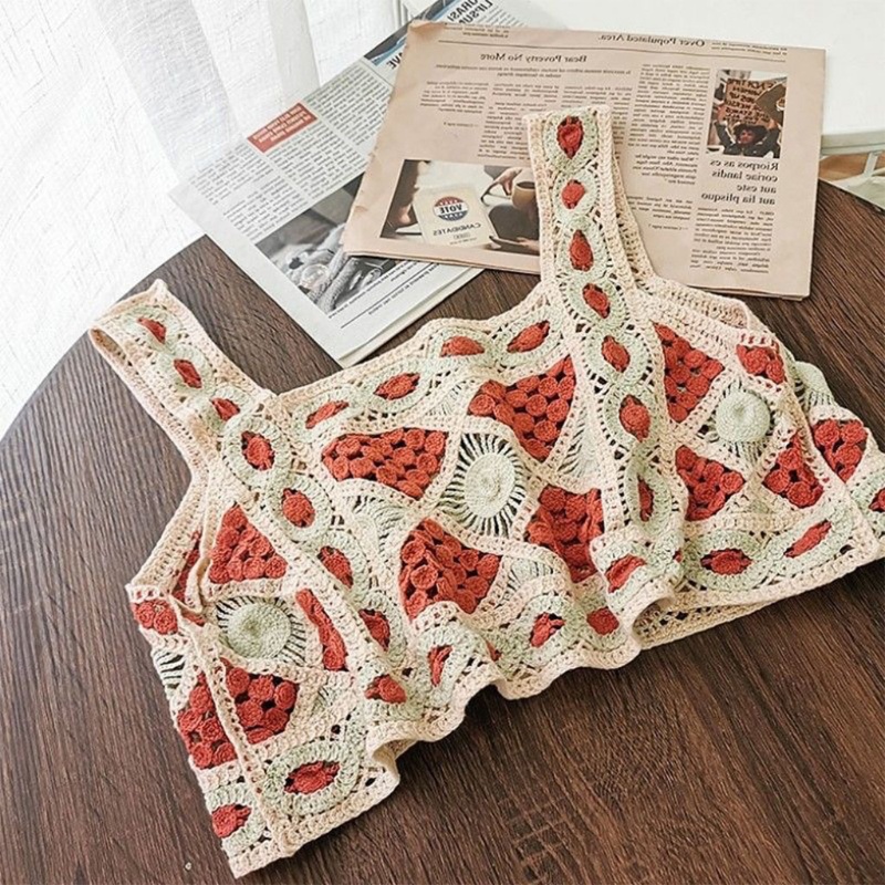 Xiangbao Áo Crop Top Dệt Kim Không Tay Họa Tiết Hình Học Rỗng Kiểu Bohemian Mùa Hè Vintage Cho Nữ