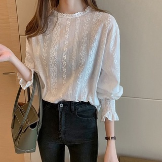 CCVN Áo tay dài ống loe phối ren phong cách Hàn Quốc thời trang cho nữ