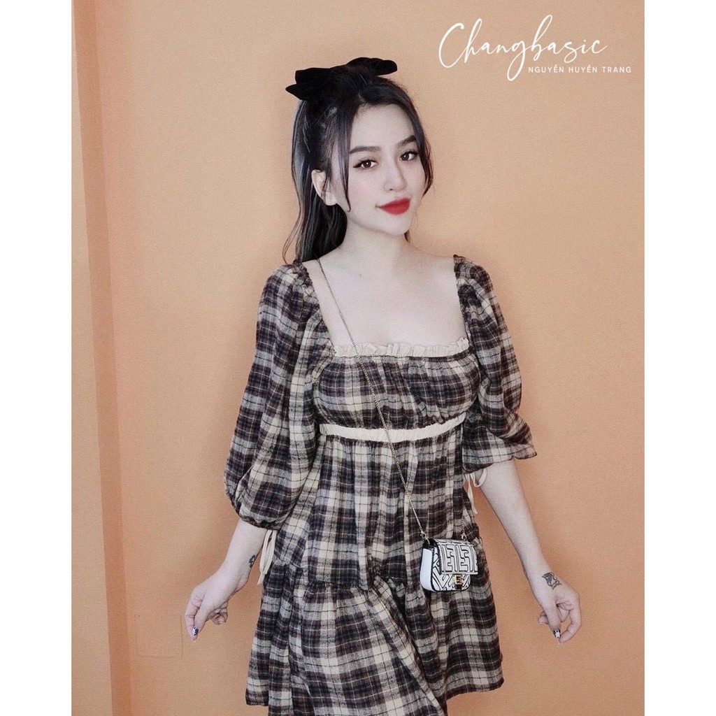 ĐẦm kate babydoll cổ vuông tay dài phối kẻ sọc cá tính TTSA1113