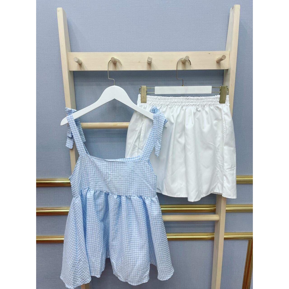 Set Bộ Áo Kẻ Nơ Vai Quần Kaki Trắng Dáng Babydoll Mềm Mịn TaZiNi Mã 1014