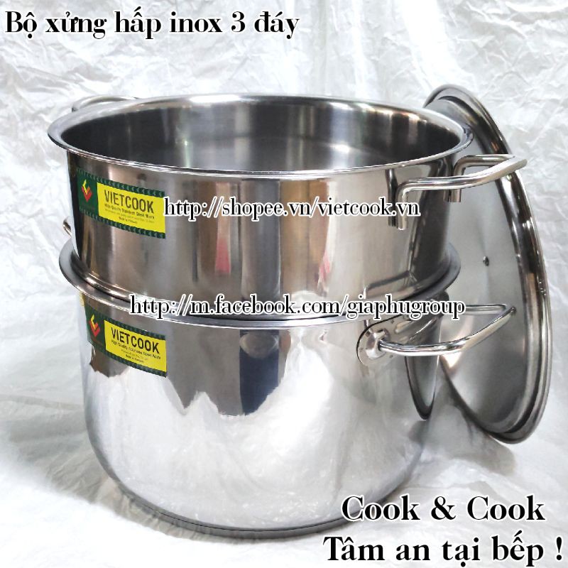 [CHÍNH HÃNG] Bộ xửng hấp inox size 28 Vietcook (nồi 10 lít) đáy từ, Chõ hấp, đồ xôi inox 4 đến 5 kg gạo