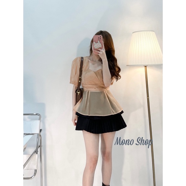 Áo voan lụa peplum 2 màu trắng nude tay phồng chất mịn Ảnh thật/ sẵn