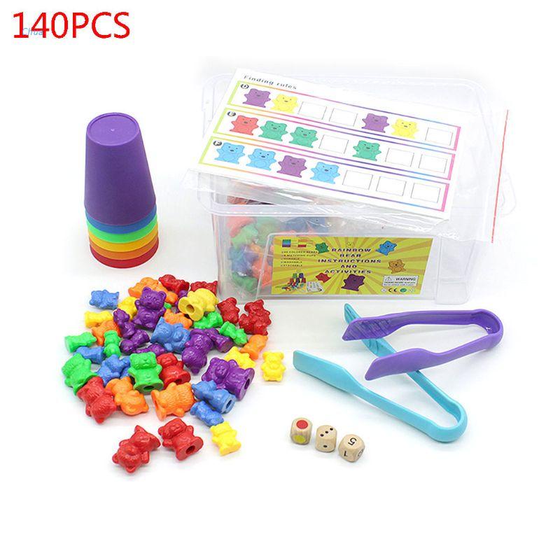 Set 140 đồ chơi tập đếm và phân loại màu sắc hình gấu màu cầu vồng kèm cốc màu tương ứng + cục xúc xắc + thẻ in