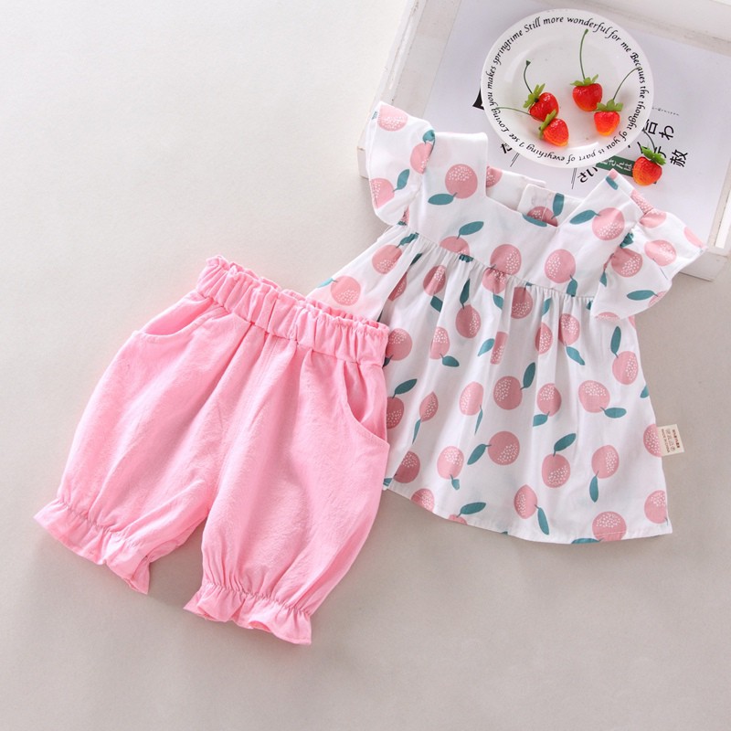 Set áo thun tay loe in họa tiết trái cây &amp; quần short cho bé gái