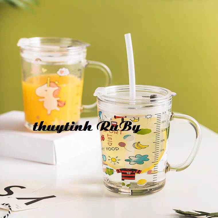 Bộ 2 Ly Quai Thủy Tinh Có Lỗ Ống Hút Uống Sữa 370ml, Ca Uống Nước Có Chia Vạch Đo