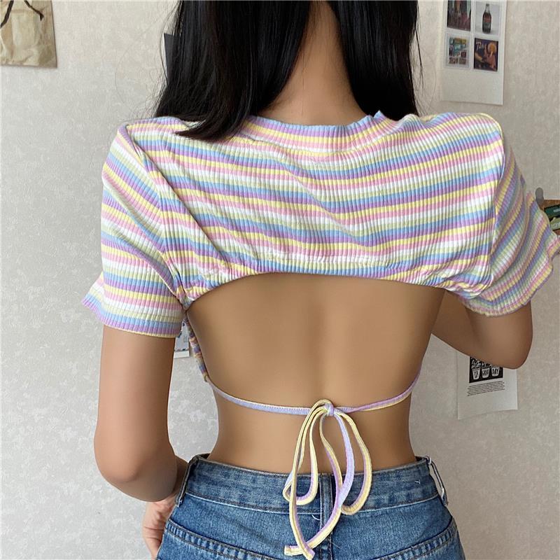 COZOK Áo Thun Croptop Tay Ngắn Hoạ Tiết Kẻ Sọc Thiết Kế Hở Lưng Quyến Rũ