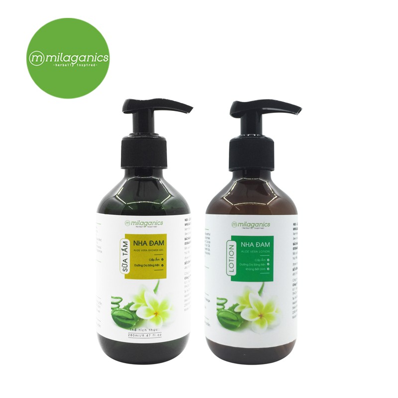 Bộ Dưỡng Da Nha Đam Milaganics: Sữa Tắm 280ml & Sữa Dưỡng Thể Body Lotion 260ml