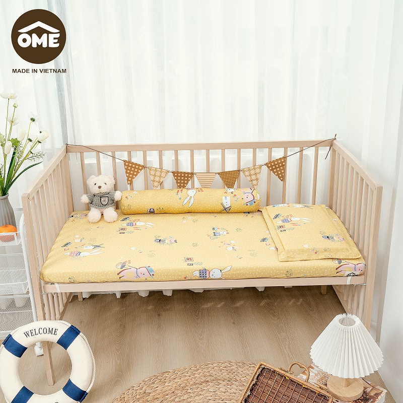Bộ ga gối bọc đệm cũi Ôme 100% Cotton 3D Hàn Quốc phủ lụa