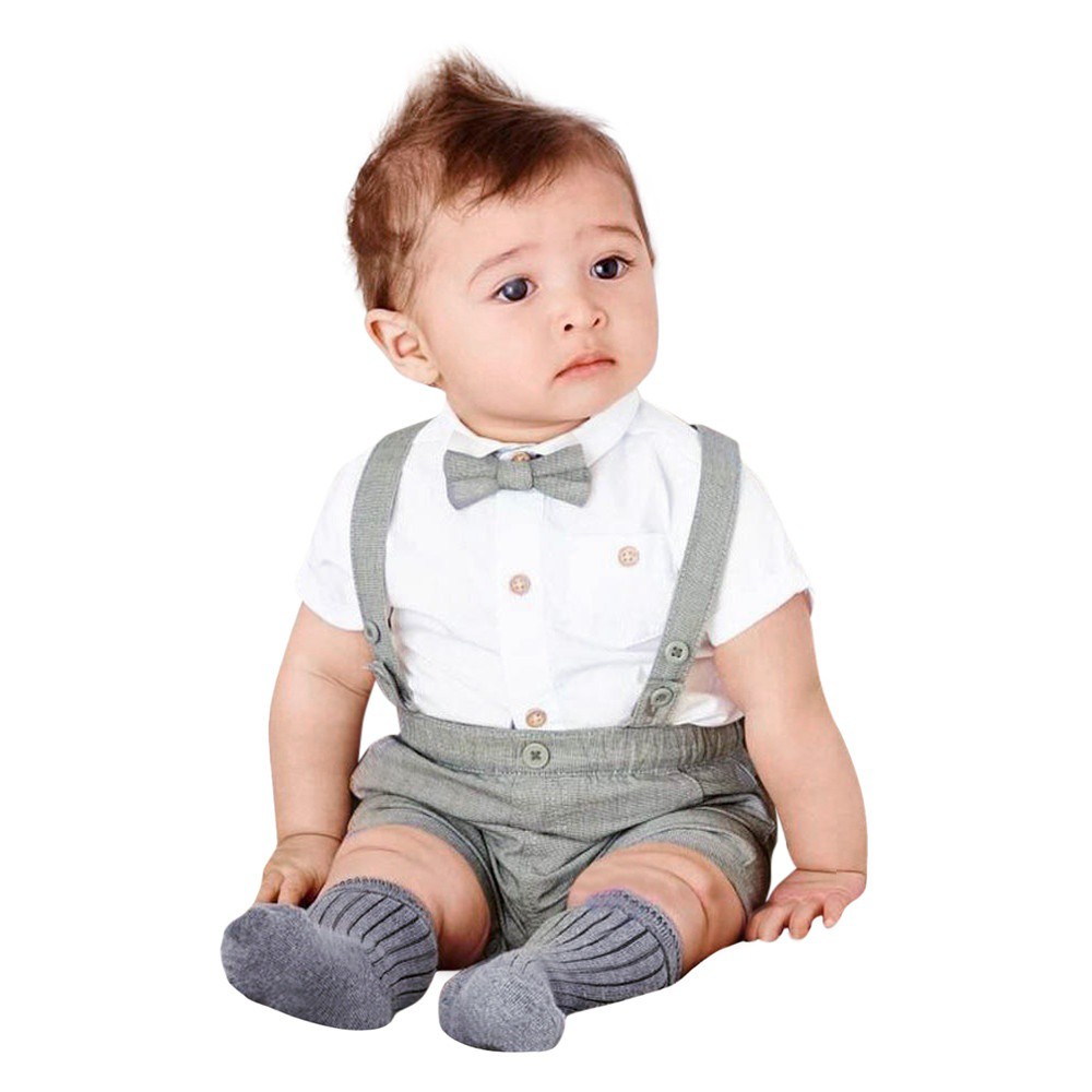 0-2yrs Tuổi Bé Trai Mùa Hè Đồ Vest Trang Trọng Bowtie Tay Ngắn T Áo Sơ Mi + Treo Bộ Quần Đùi Cho Bé Trai-168-GHIH5