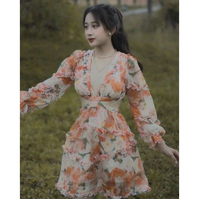 ĐẦM HOA VOAN KHOÉT EO TAY DÀI