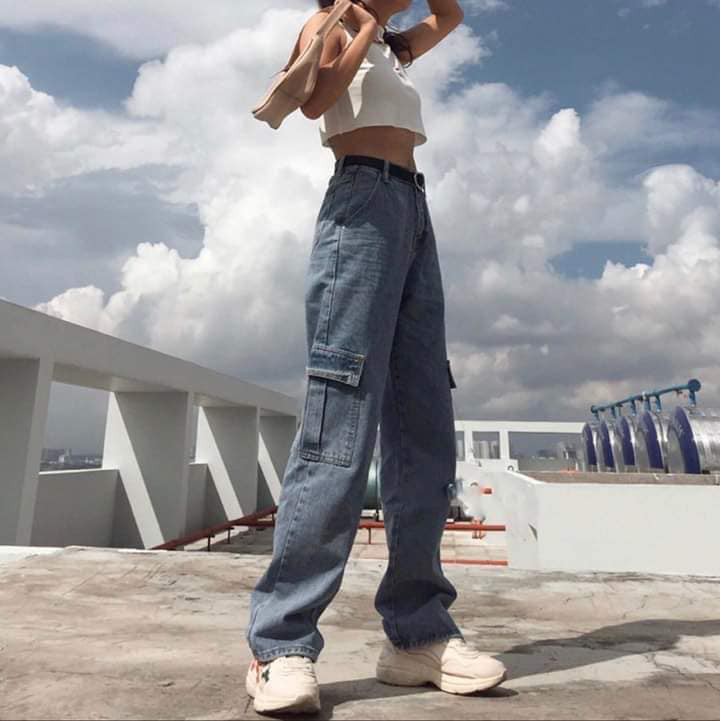 Quần jean bò túi hộp nữ - Culottes dáng suông ống rộng màu xanh nhạt cá tính ulzzang HOT | BigBuy360 - bigbuy360.vn