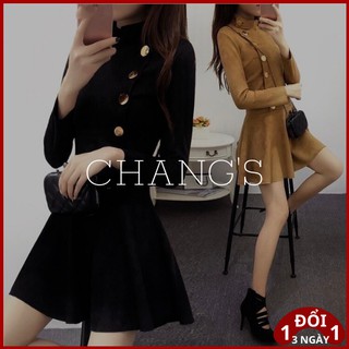 Váy Da Lộn Dáng Xòe Dài Tay, váy thiết kế phong cách Hàn Quốc, trẻ trung năng động, khuy trước mở được - Có video