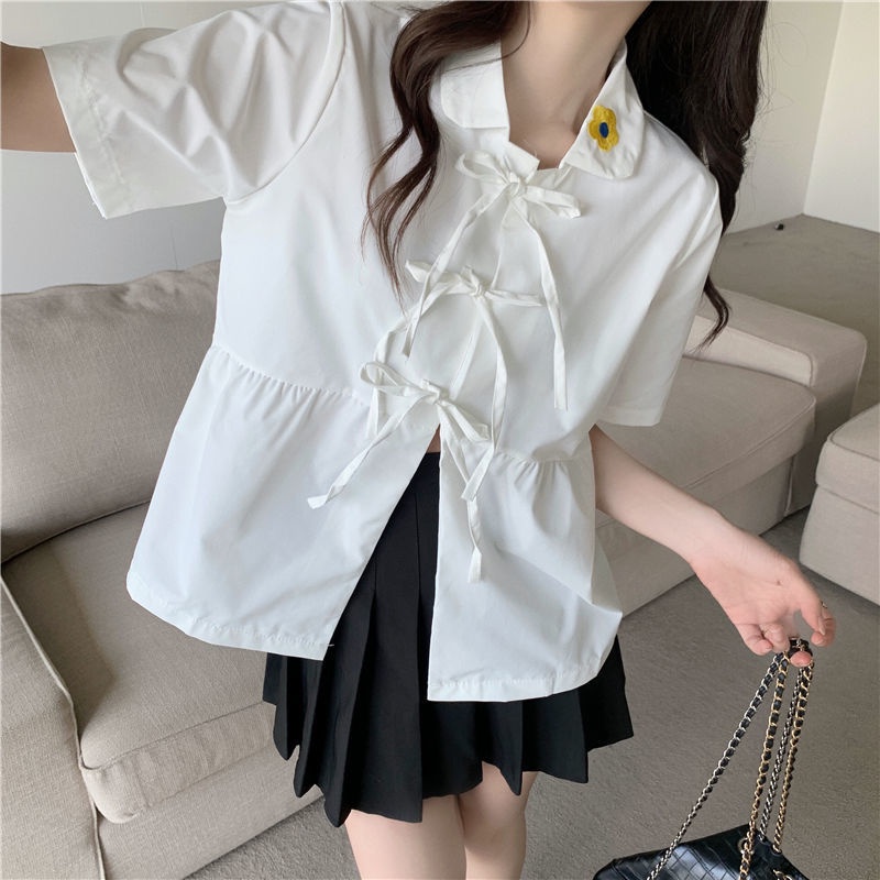 Áo Sơ Mi Cổ Búp Bê Tay Ngắn Thắt Dây Thời Trang Mùa Hè Mới Cho Nữ