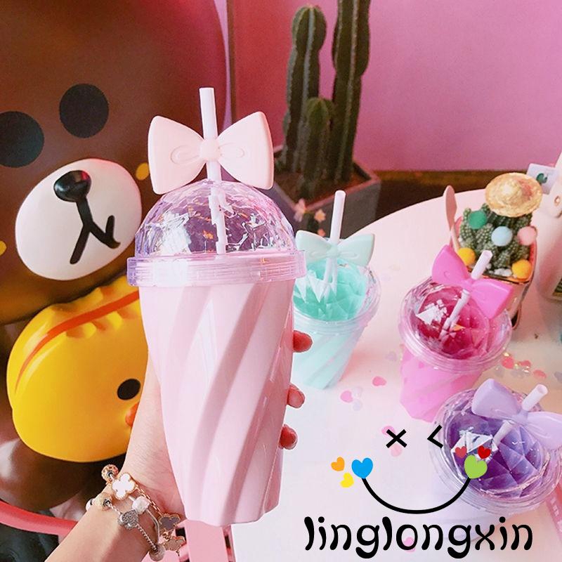 Bình nước 420ML kèm ống hút đính nơ đáng yêu