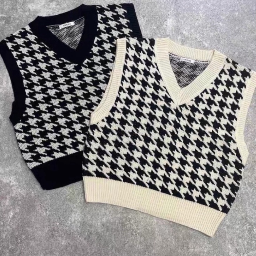 Áo gile len kẻ caro,áo ghile nữ họa tiết zizax hàng đẹp Quảng Châu A491 Noiyxanh nội y xanh chất len quảng châu