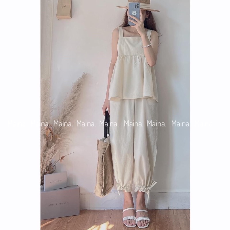 Set áo hai dây quần dài có dây rút đi biển siêu xinh