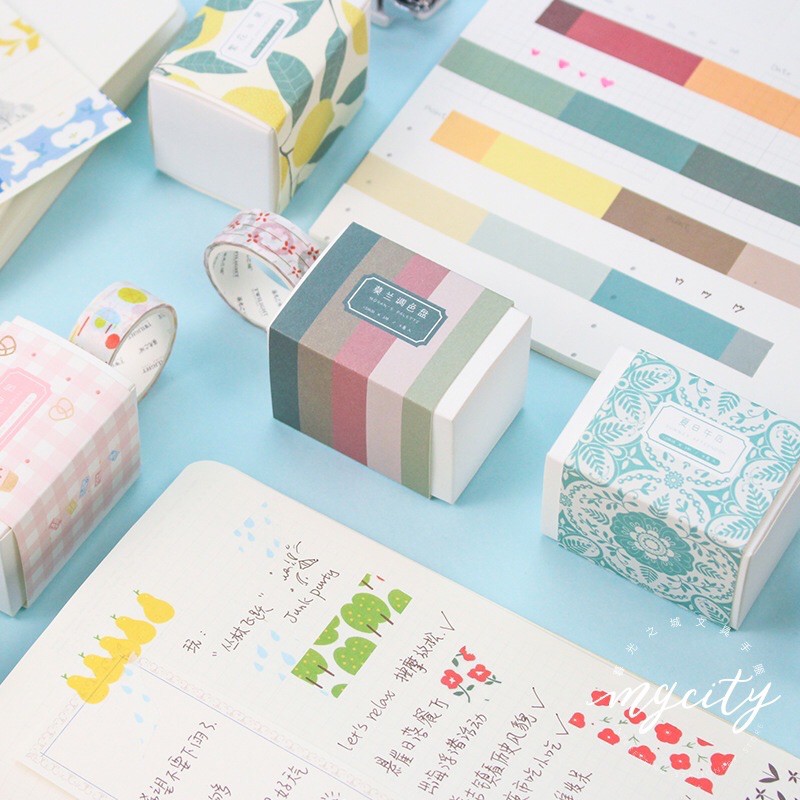 Hộp 4 cuộn băng dính trang trí washi tape kẻ ô