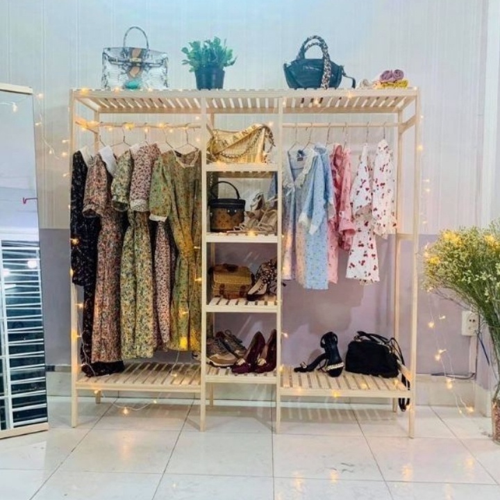 Tủ treo quần áo gỗ thông 3 gian phong cách Hàn Quốc l Giá treo quần áo gỗ thông 150cm x 35cm x 135cm thiết kế 3 gian