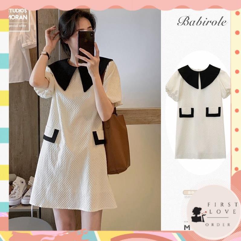 (firstlove ORDER) Váy MORAN cộc tay cổ bẻ rộng cánh sen phối màu đen trắng dáng A-line viền túi sang trọng Korea 01