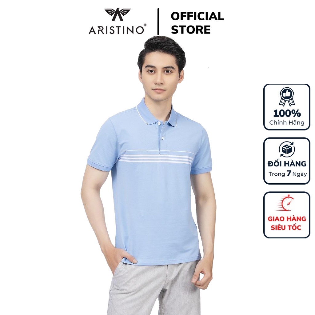 Áo thun polo nam Aristino APS126S2 phông ngắn tay có cổ bẻ dáng suông màu xanh biển kẻ trắng vải cotton cao cấp mềm mại