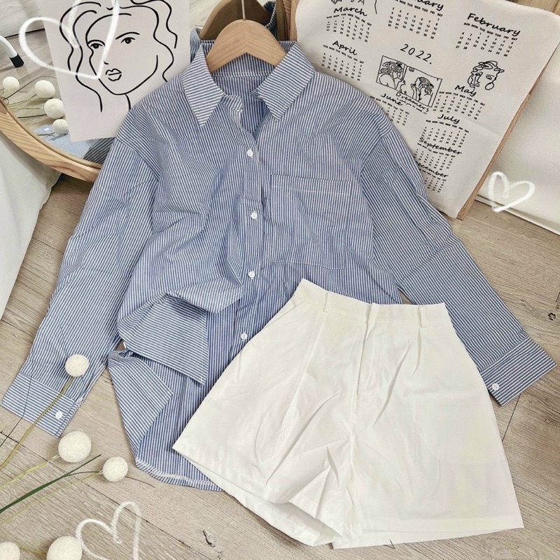 Sét sm xanh tà lệch + short trắng