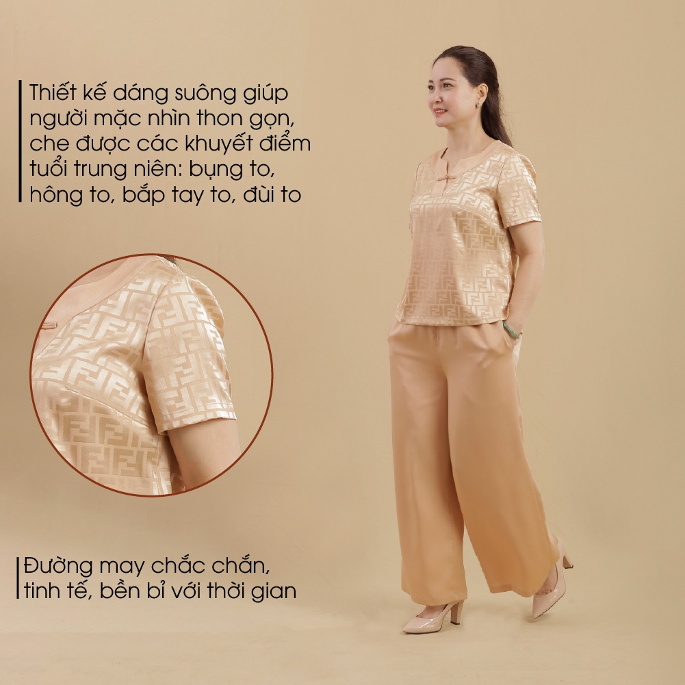 Đồ Bộ Trung Niên Lụa Việt Cao Cấp ANCHI B07 Vàng, Bộ Mặc Nhà Nữ Sang Trọng Cho Mẹ