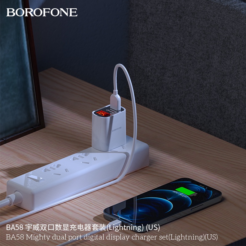 Bộ sạc cáp 2.4A BOROFONE BA58 đèn LED 2 cổng USB dây dài 1m - Chính hãng