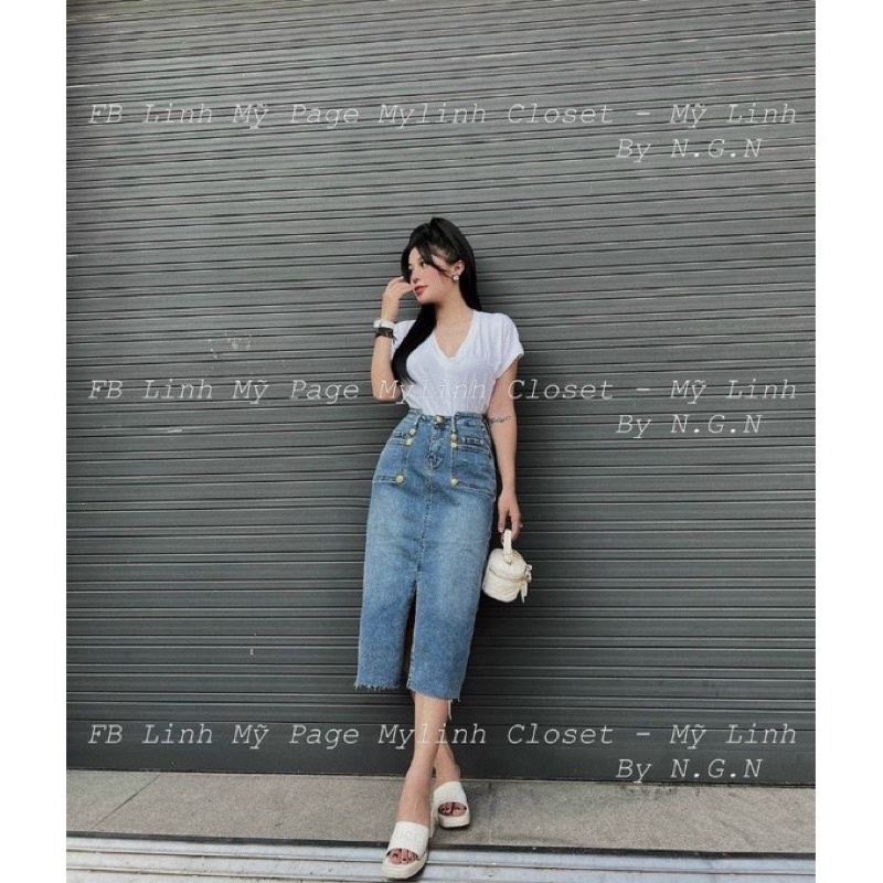CHÂN VÁY JEANS NỮ DÁNG DÀI TÚI TRƯỚC QC L1 MS36771